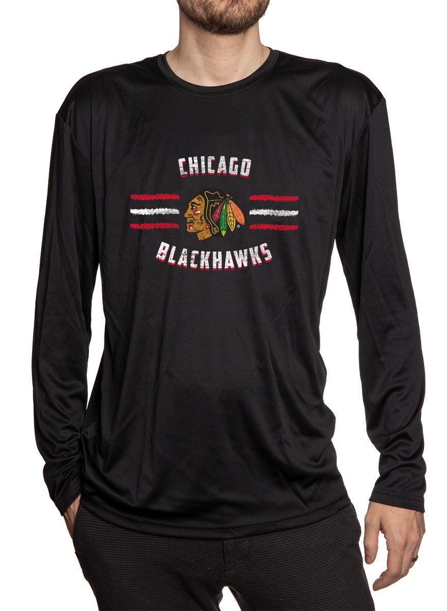 Chicago Blackhawks Distressed Lines Long Sleeve Performance Rashguard Wicking Shirt