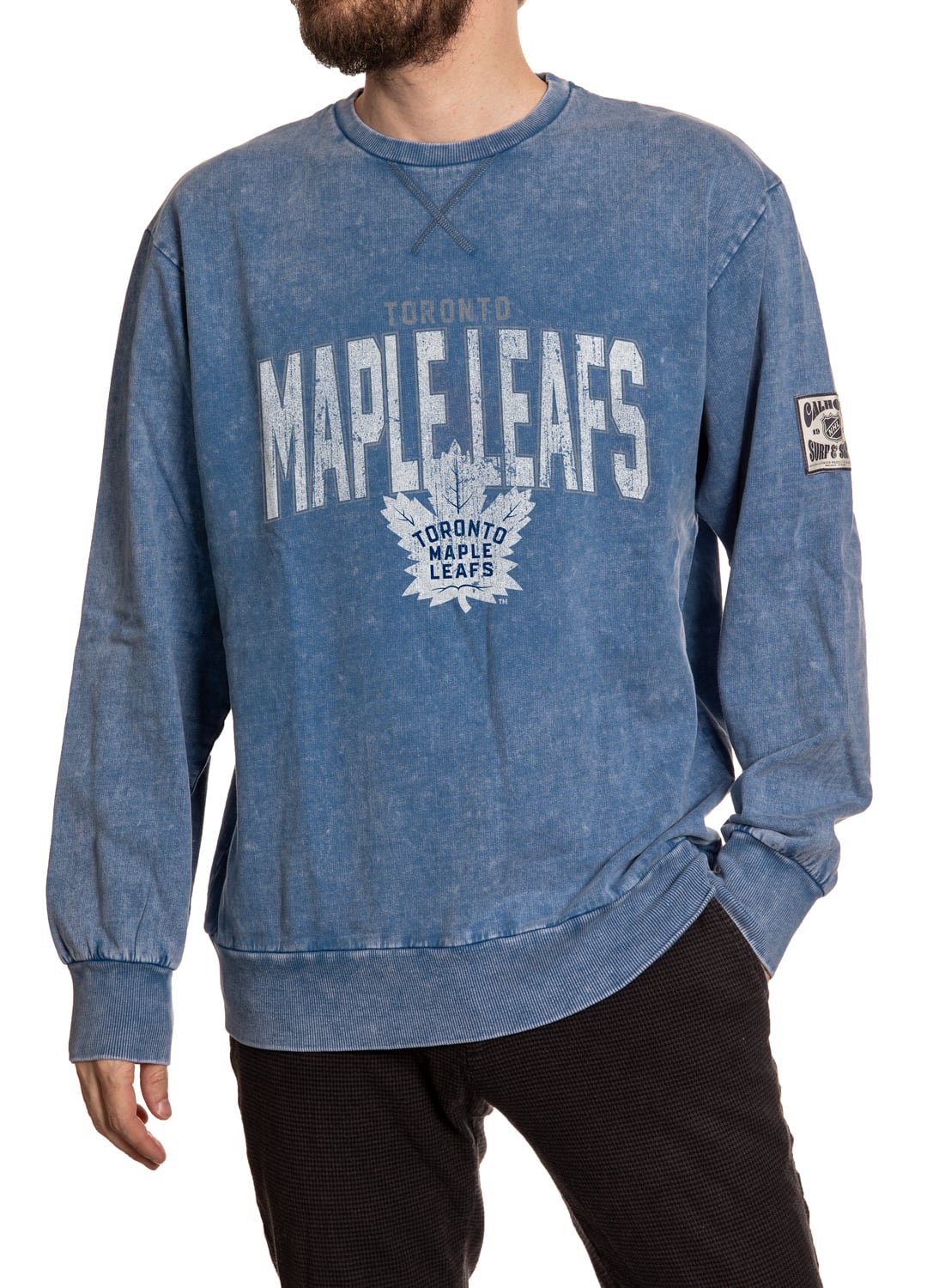 Toronto Maple Leafs Acid Wash Crewneck in Blue Front View
