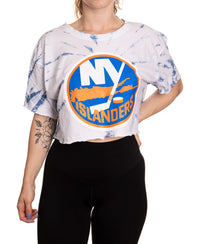 Load image into Gallery viewer, New York Islanders Spiral Tie Dye Crop Top Size Guide
