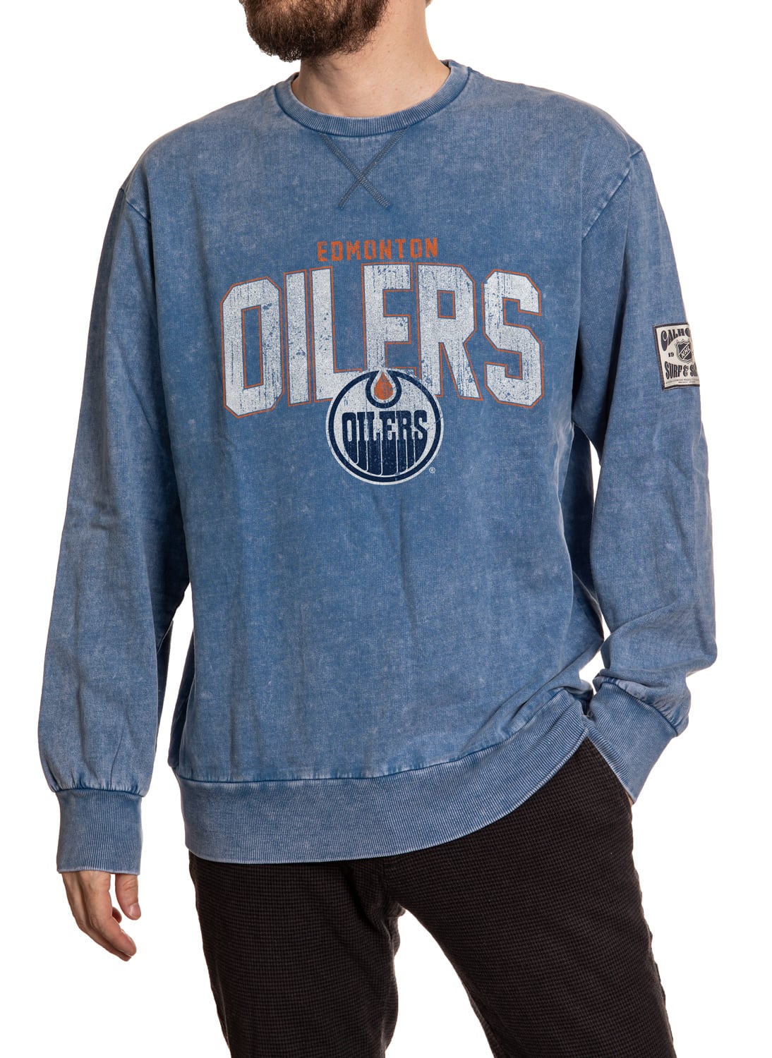 Edmonton Oilers Acid Wash Crewneck in Blue Front View