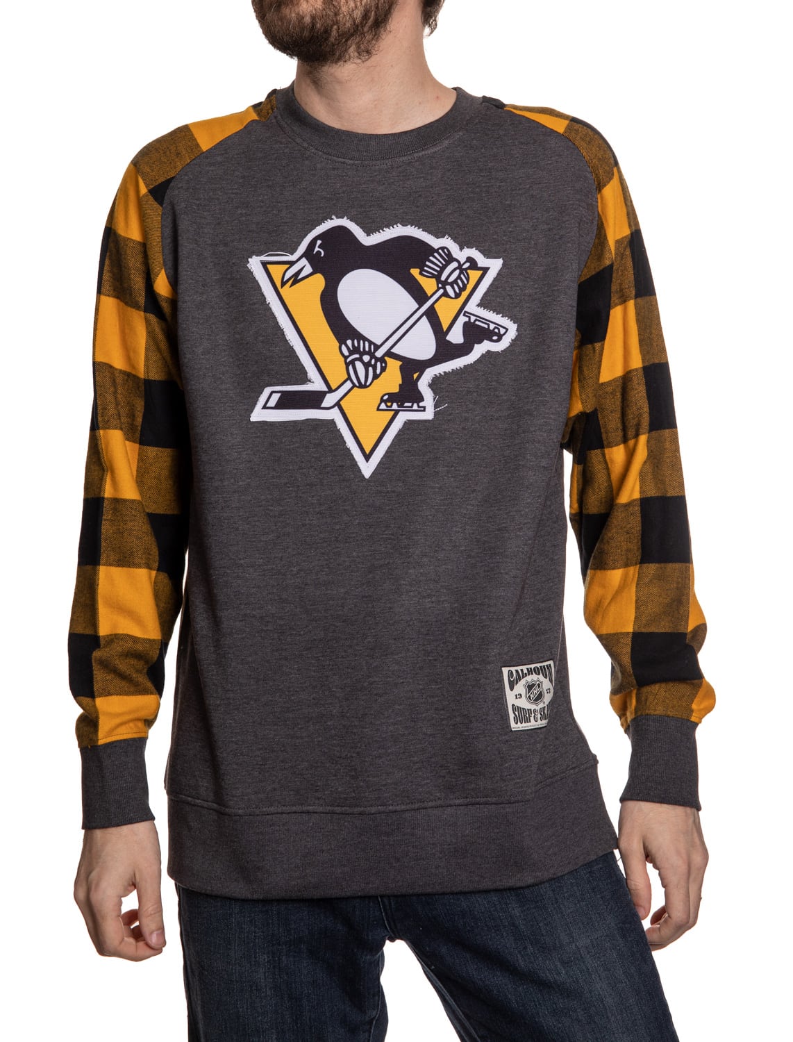Pittsburgh Penguins Buffalo Plaid Long Sleeve Shirt With Yellow Sleeves Front View