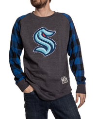 Load image into Gallery viewer, Seattle Kraken Buffalo Plaid Long Sleeve Shirt With Blue Sleeves Front View
