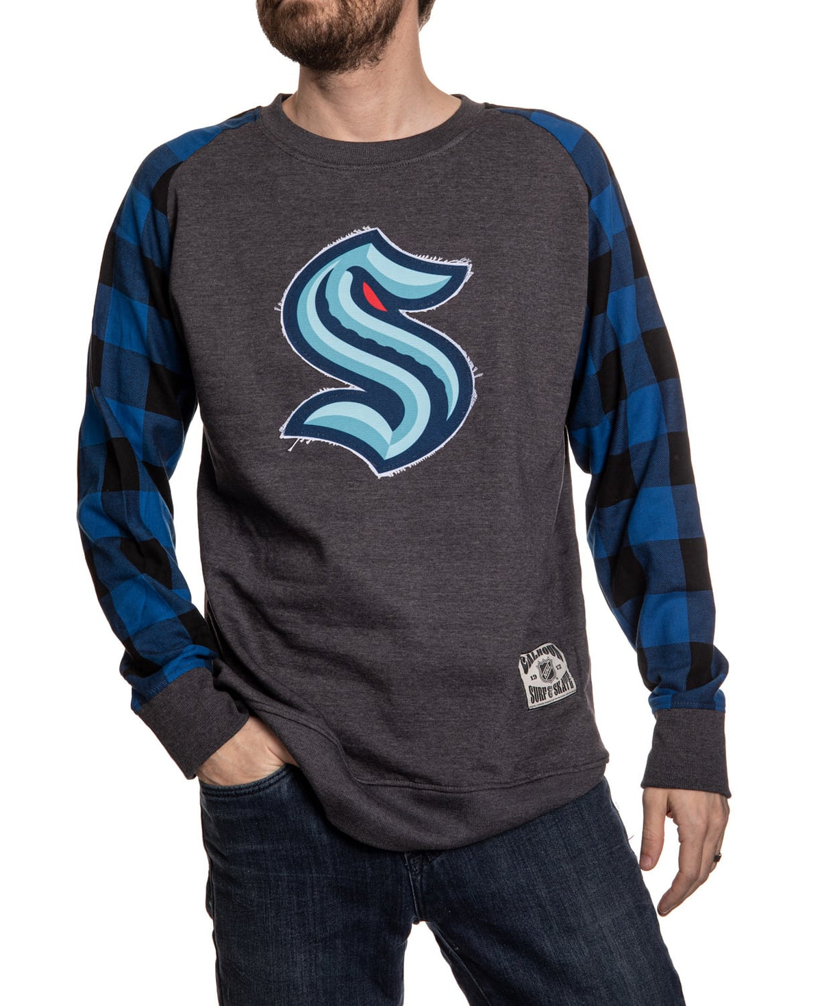 Seattle Kraken Buffalo Plaid Long Sleeve Shirt With Blue Sleeves Front View