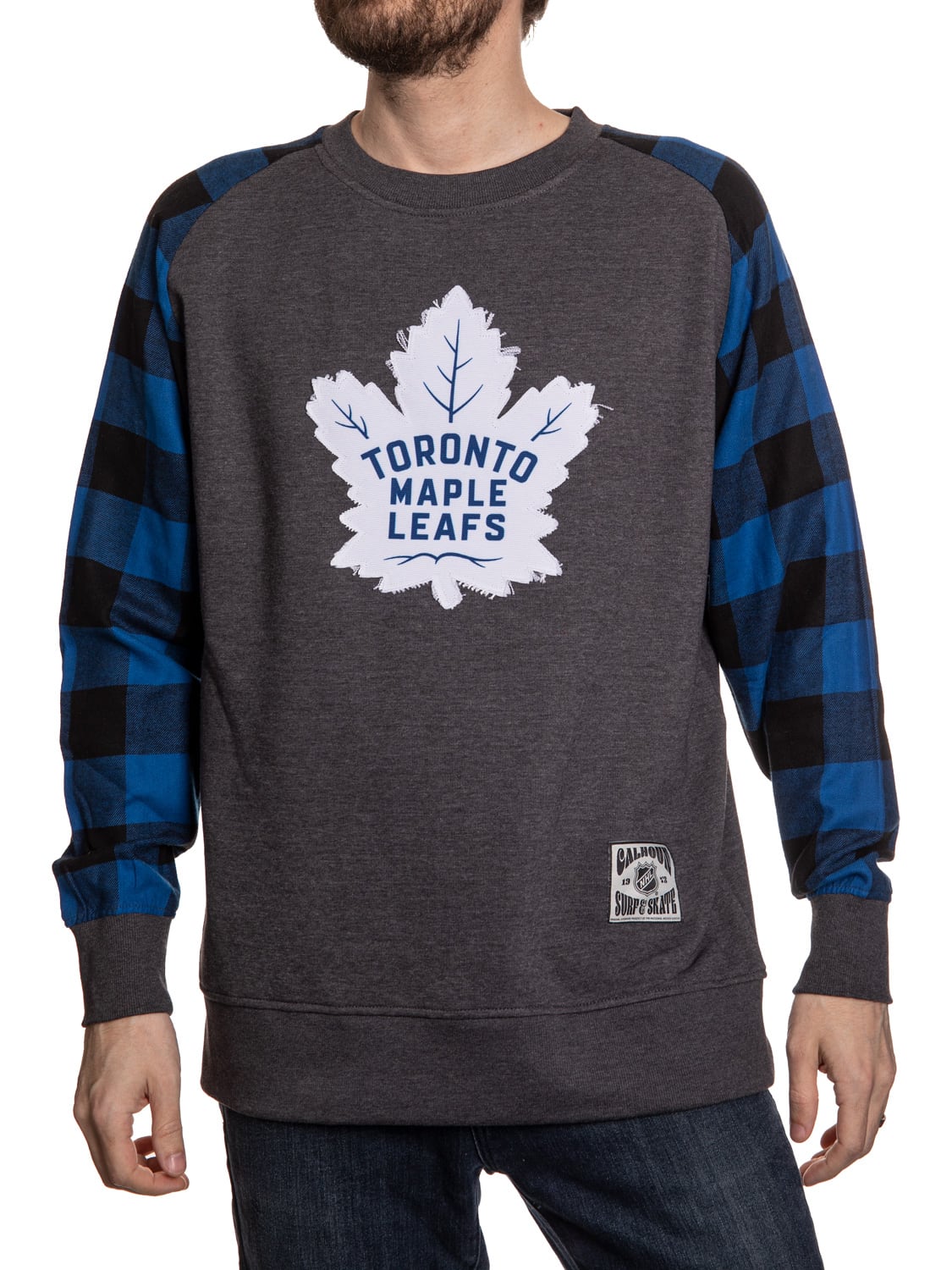 Toronto Maple Leafs Buffalo Plaid Long Sleeve Shirt With Blue Sleeves Front View