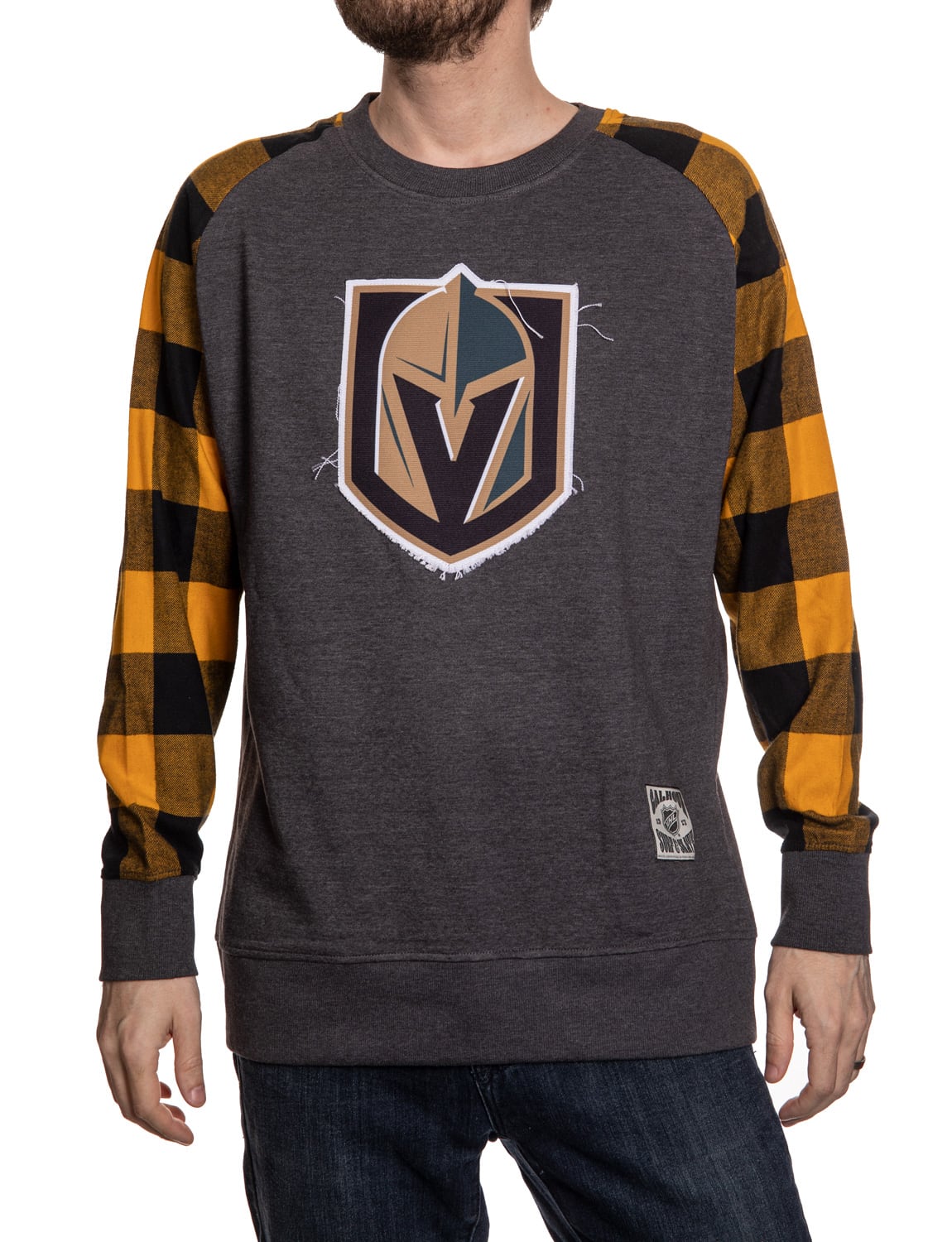 Vegas Golden Knights Buffalo Plaid Long Sleeve Shirt With Golden Yellow Sleeves Front View