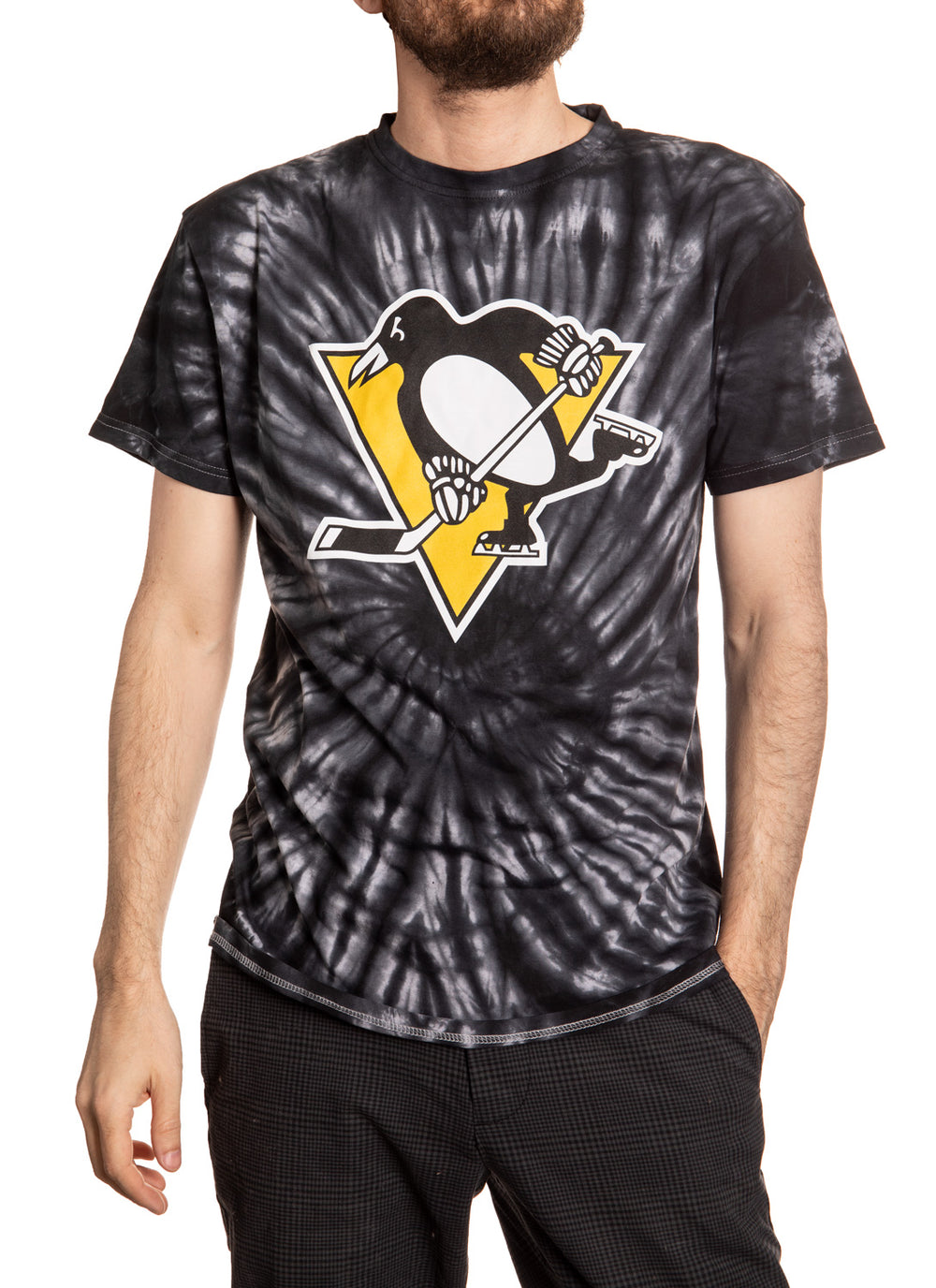 Pittsburgh Penguins Black Spiral Tie Dye T-Shirt Front View