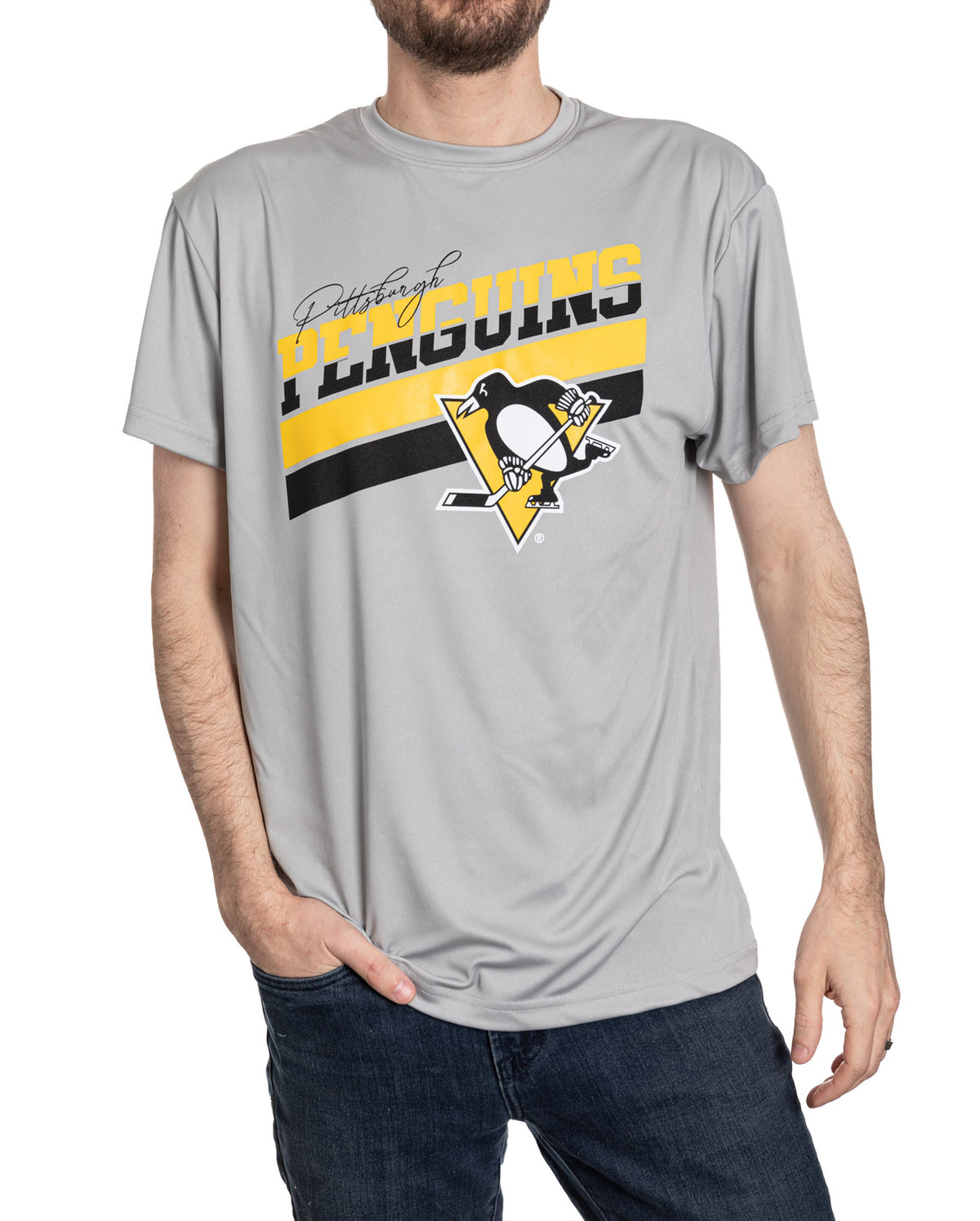 Pittsburgh Penguins Men's Short Sleeve "Stripes" Rash Guard Wicking T-Shirt