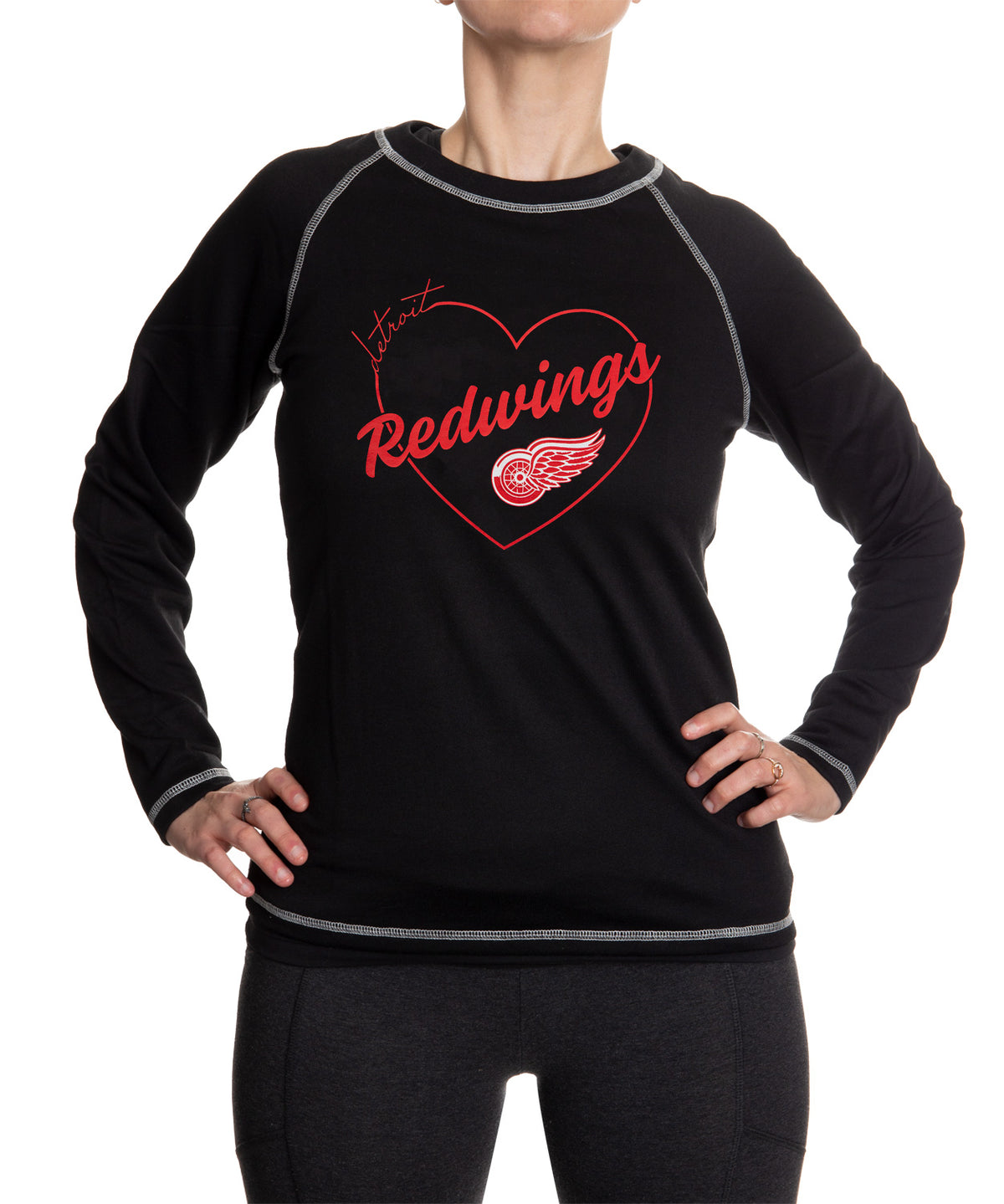 Detroit Red Wings Heart Logo Long Sleeve Shirt for Women in Black Front View