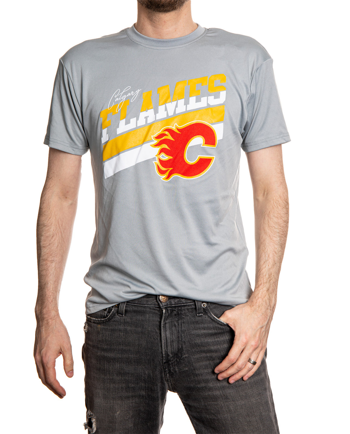 Calgary Flames Men's Short Sleeve "Stripes" Rash Guard Wicking T-Shirt