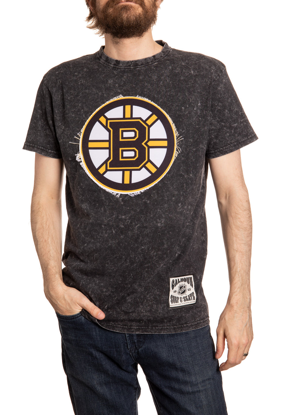 Boston Bruins Vintage Washed Frayed Logo T-Shirt Front View
