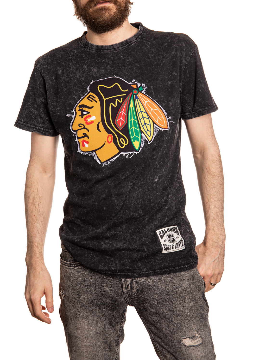 Chicago Blackhawks Vintage Washed Frayed Logo T-Shirt Front View