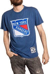 Load image into Gallery viewer, New York Rangers Vintage Washed Frayed Logo T-Shirt Front View
