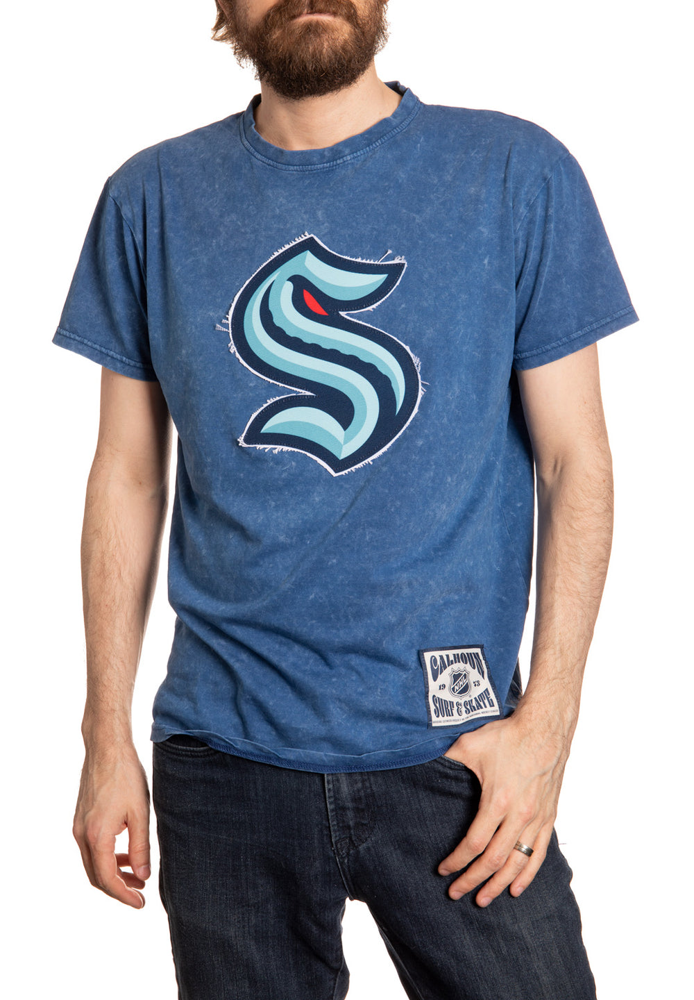 Seattle Kraken Vintage Washed Frayed Logo T-Shirt Front View