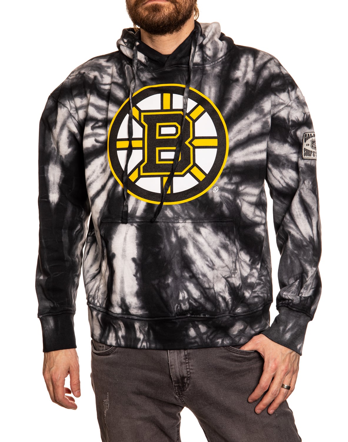 Boston Bruins Spiral Tie Dye Pullover Hoodie in Black Front View