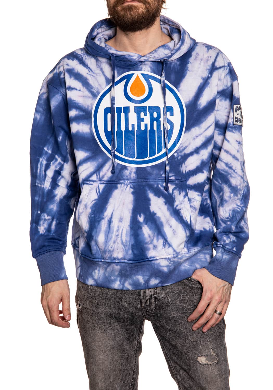 Edmonton Oilers Spiral Tie Dye Pullover Hoodie in Blue Front View