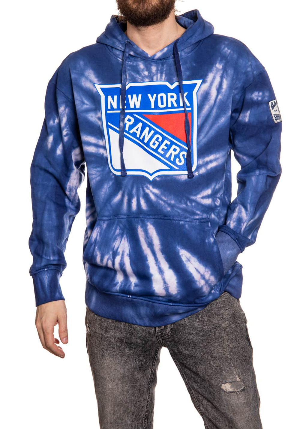 New York Rangers Spiral Tie Dye Pullover Hoodie in Blue Front View