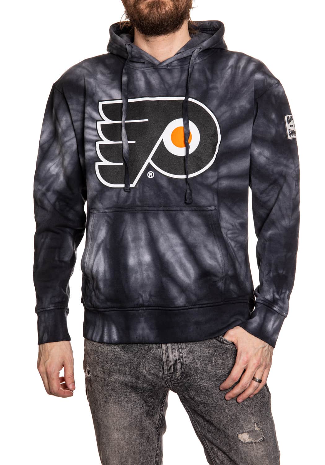 Philadelphia Flyers Spiral Tie Dye Pullover Hoodie in Black Front View