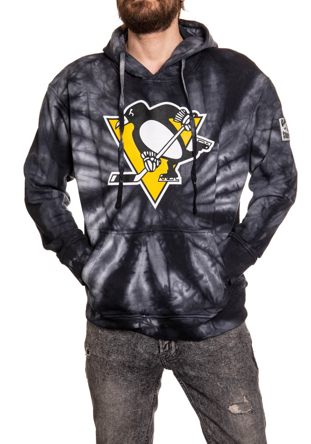 Pittsburgh Penguins Spiral Tie Dye Pullover Hoodie in Black Front View