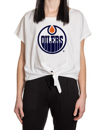 Load image into Gallery viewer, Edmonton Oilers Ladies Tie Up Front Crop T-shirt
