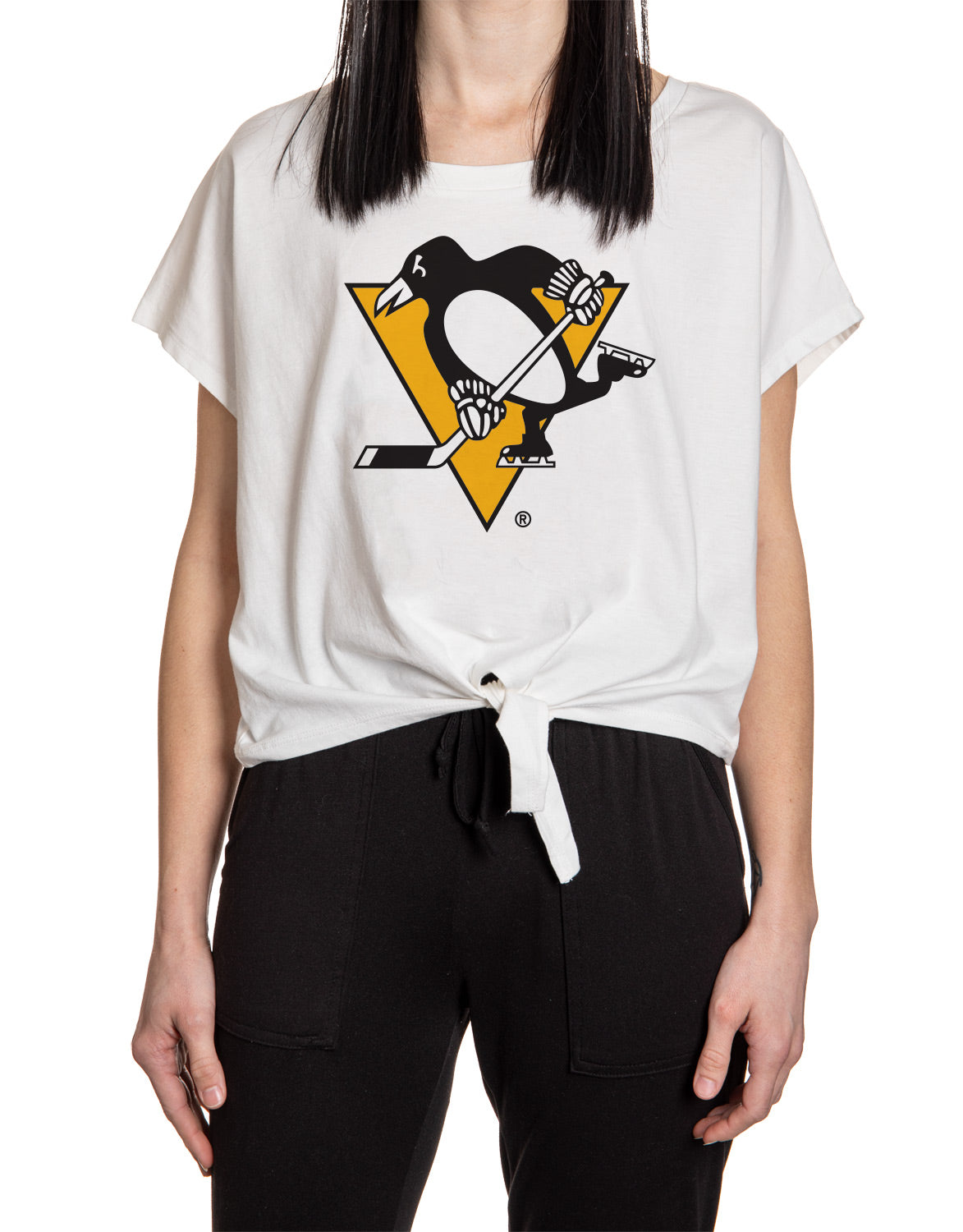 Pittsburgh Penguins Ladies Tie Up Front Crop T-shirt