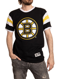 Load image into Gallery viewer, Boston Bruins Shoulder Stripe Varsity Inset T-Shirt Front View
