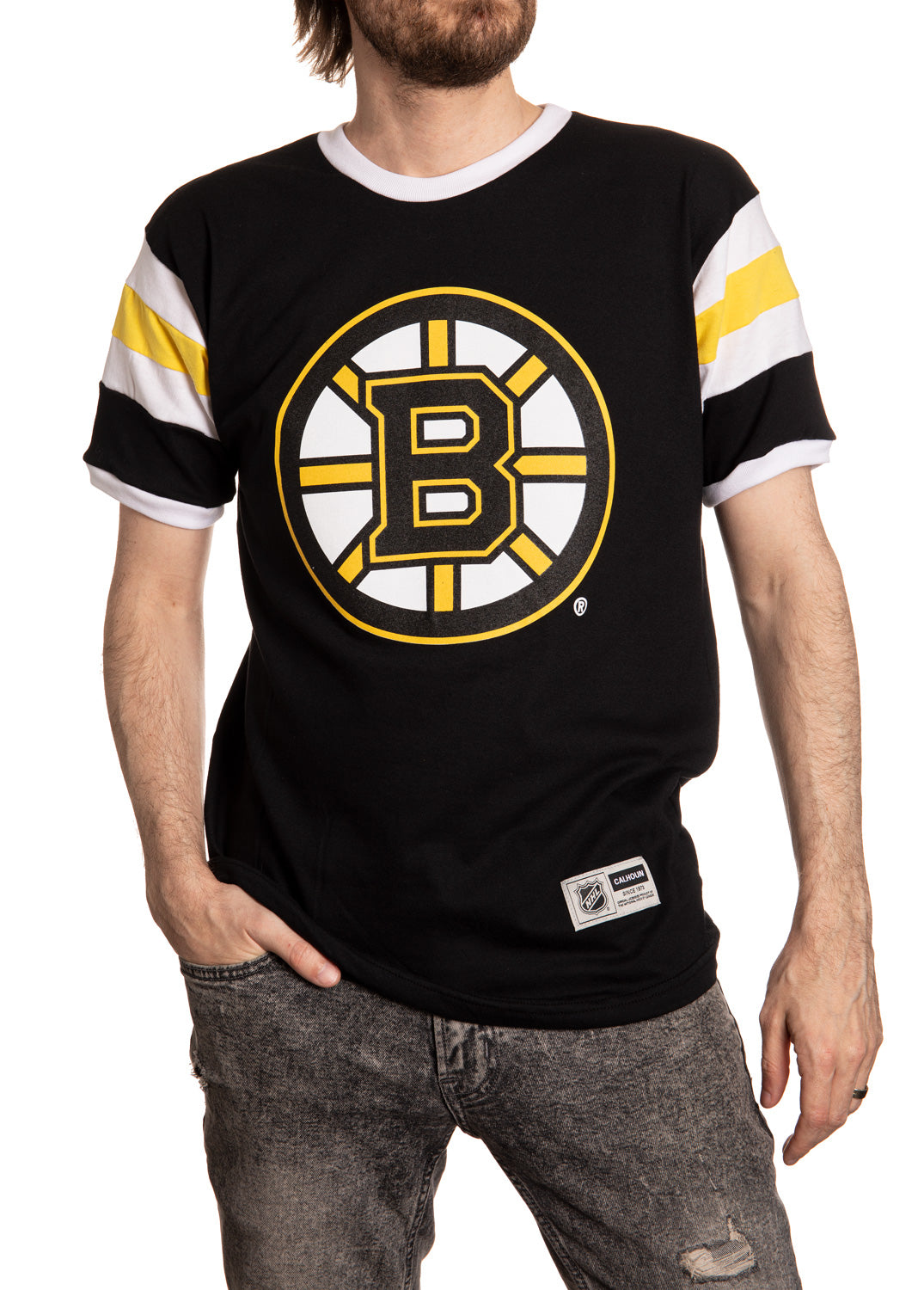 Boston Bruins Shoulder Stripe Varsity Inset T-Shirt Front View