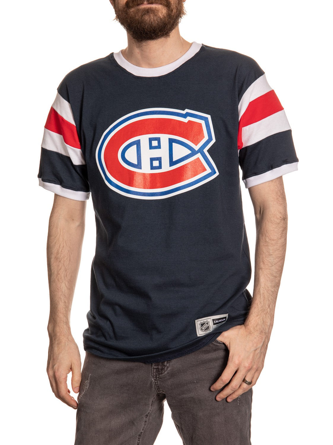 Montreal Canadiens Varsity T-Shirt Front View. Blue Shirt With Red, White and Blue Sleeve
