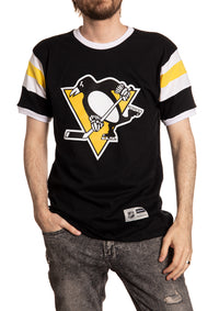 Load image into Gallery viewer, Pittsburgh Penguins Shoulder Stripe Varsity Inset T-Shirt Front View
