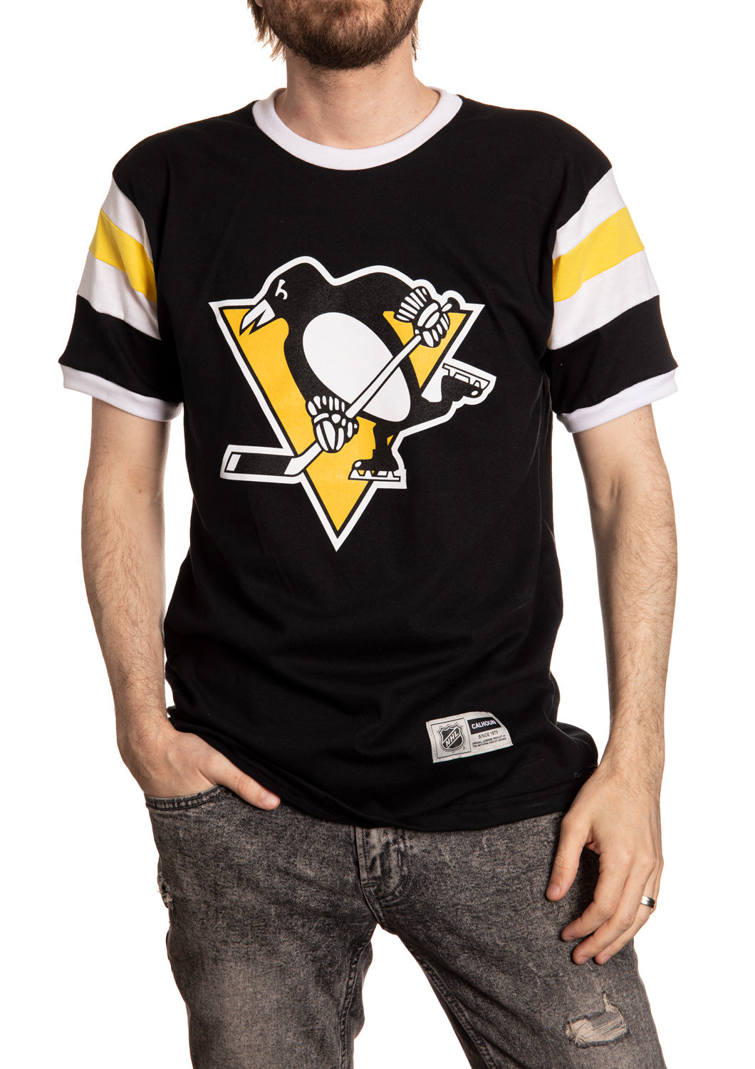 Pittsburgh Penguins Shoulder Stripe Varsity Inset T-Shirt Front View