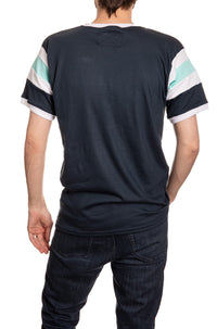 Load image into Gallery viewer, Seattle Kraken Varsity Inset SLeeve T-Shirt Back View.

