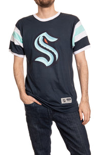 Load image into Gallery viewer, Seattle Kraken Varsity Inset Sleeve T-Shirt Front View
