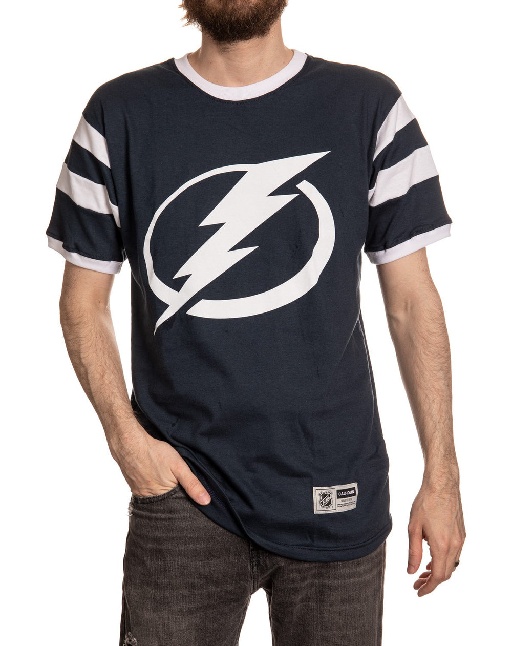 Tampa Bay Lightning Varsity T-Shirt Front View. Blue and White Design