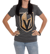 Load image into Gallery viewer, Vegas Golden Knights Women&#39;s Distressed Print Fitted Crew Neck Premium T-Shirt - Charcoal
