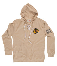 Load image into Gallery viewer, Chicago Blackhawks Waffle Texture Hockey Lace Hoodie Laying Flat

