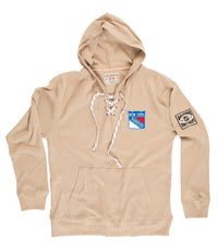Load image into Gallery viewer, New York Rangers Waffle Texture Hockey Lace Hoodie Laying Flat
