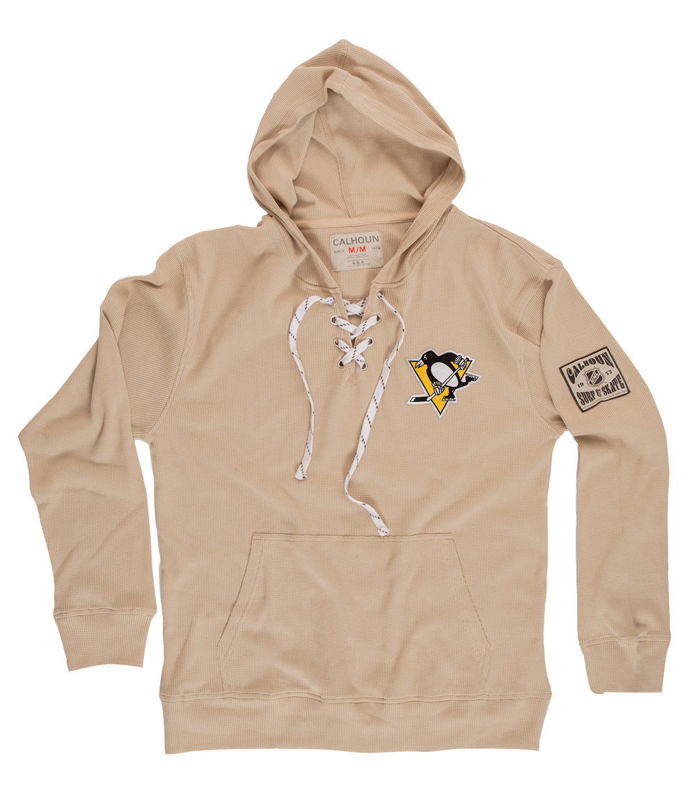 Pittsburgh Penguins Waffle Texture Hockey Lace Hoodie Laying Flat