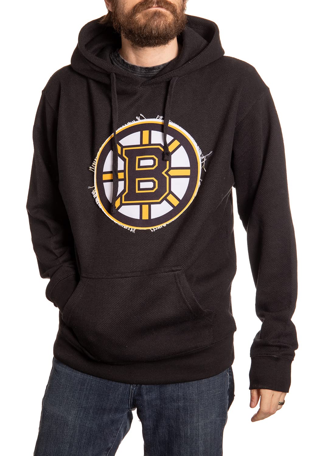 Boston Bruins Waffle Hoodie With Frayed Patch. Classic Logo on Black Sweater