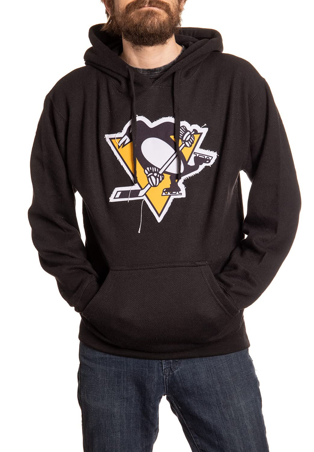Pittsburgh Penguins Black Waffle Hoodie With Frayed Logo Patch Front View