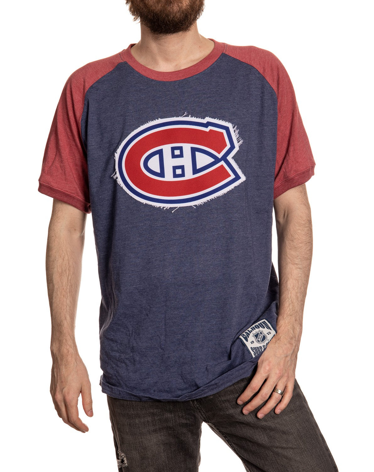 Montreal Canadiens Retro Raglan T-shirt. Blue Shirt With Red Sleeves and Frayed Logo Patch